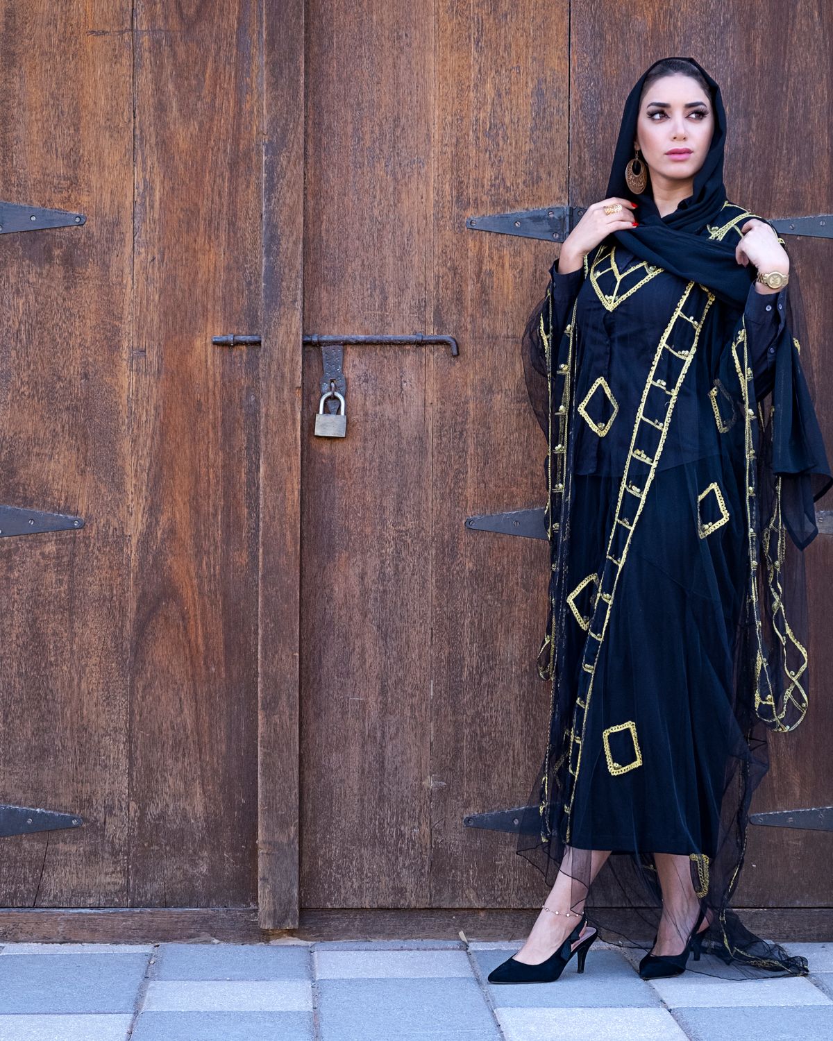 Noor Beaded Evening Abaya in champagne