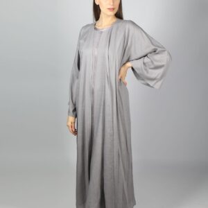 Woman in a stone grey abaya, studio portrait - Relaxed Kimono Abaya in stone grey