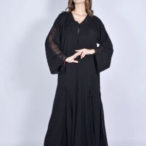 Woman wearing a black embellished occasion abaya - Zahra Embroidered Abaya in midnight black